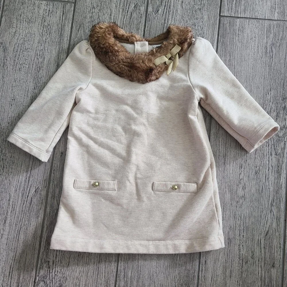 Janie and Jack Girls Faux Fur Collar Sweater Dress Beige Size 3